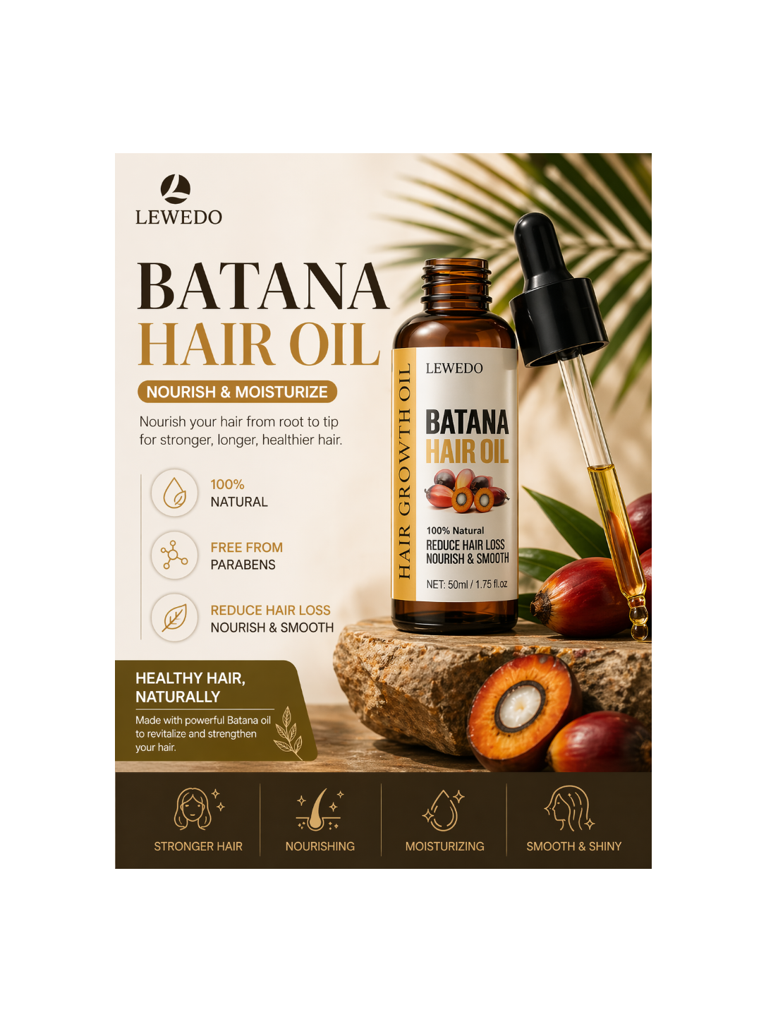 LEWEDO Batana Hair Oil with dropper on a natural background